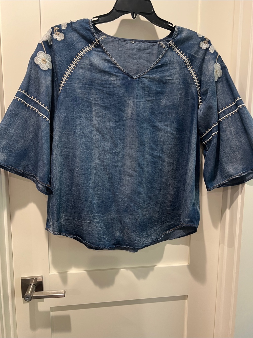 Denim Blue Embroidered Peasant Top - Women